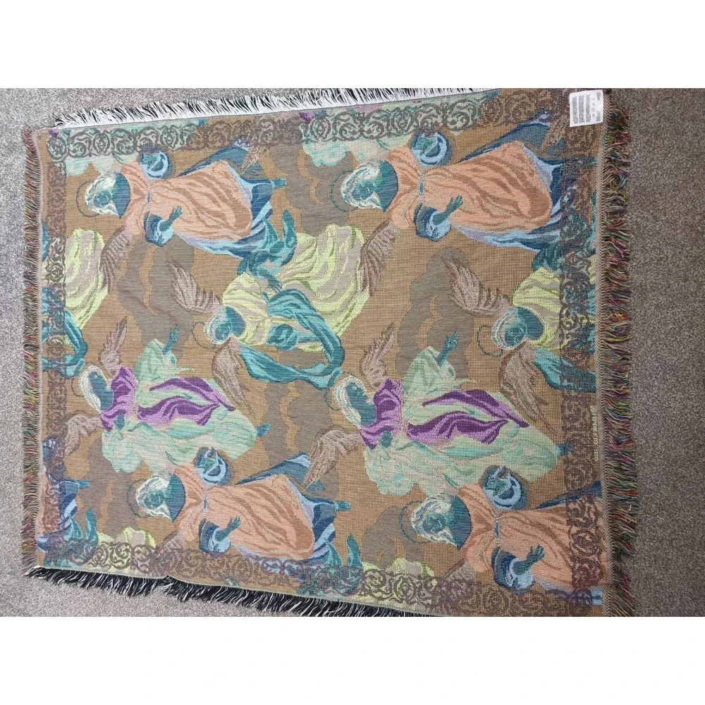 Vintage Angel Tapestry Throw Blanket Woven Fringe Religious Christian 54x46